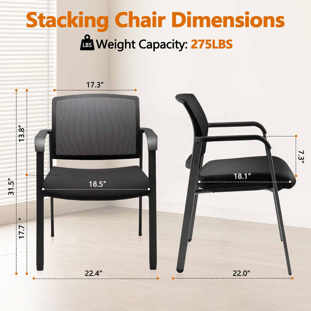 Mesh Back Stacking Arm Chairs with Upholstered Fabric Seat and Ergonomic Lumber Support for Office School Church Guest Reception Black
