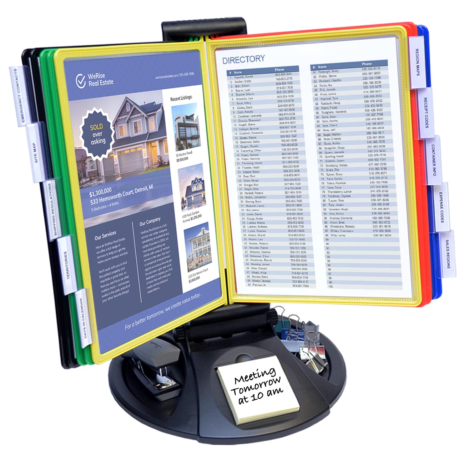 Adjustable View 10-Pocket Desk Reference Organizer with Supplies Storage Base and EZ-LOAD Pockets to Hold 20 Sheets of Paper, Includes Fast Find Indexing Tabs (Colored Pockets)