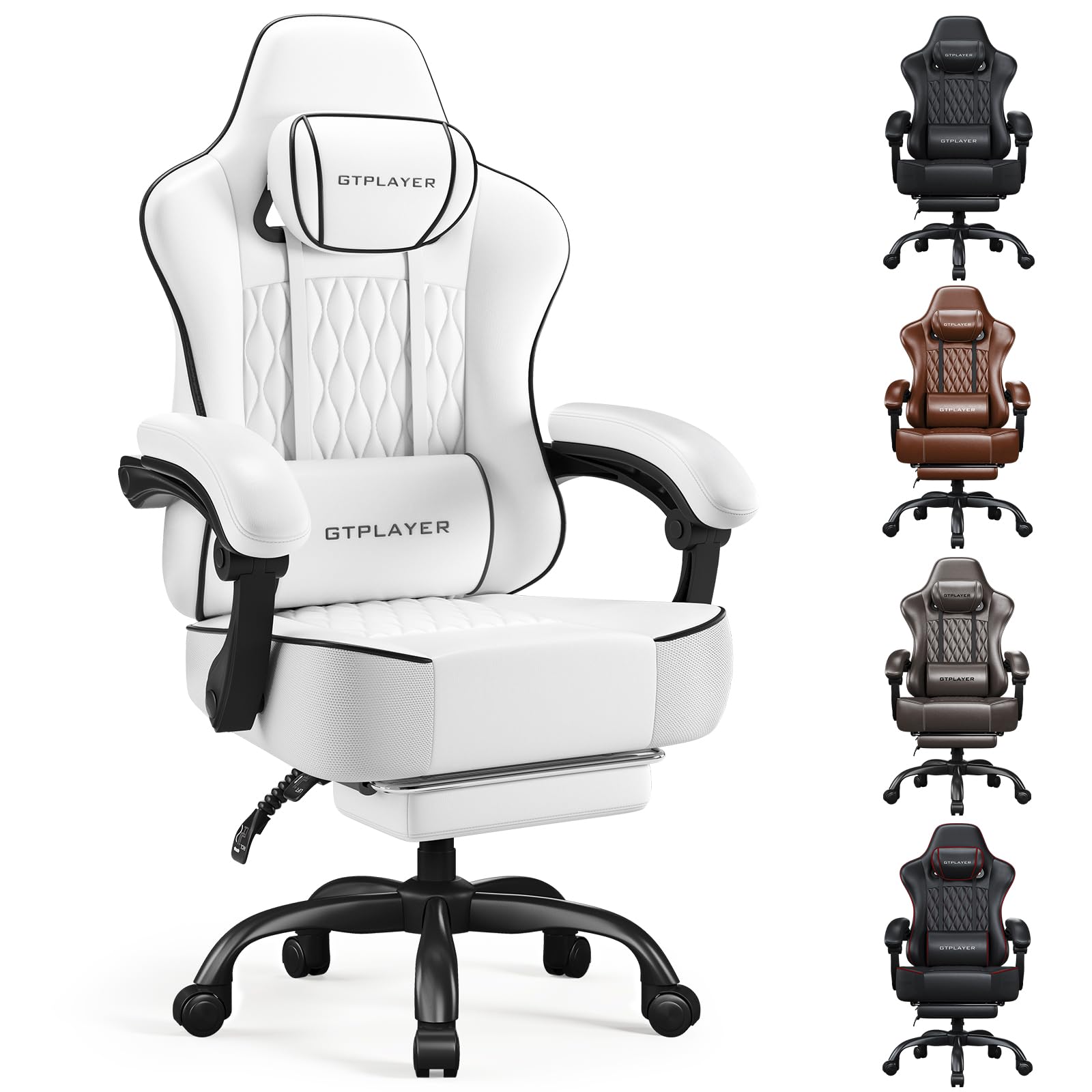 Big and Tall Gaming Chair with Footrest, Ergonomic Office Desk Chair with 4.4in Thick Cushion and Wide Wingless Seat, Comfortable Leather Computer Chair, Predator Series, White