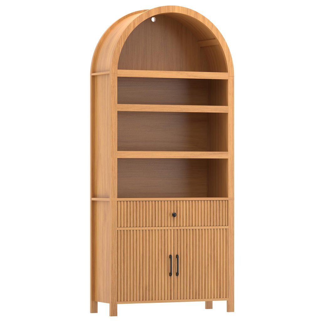 Book Shelf 70" Tall Bookcase with Drawer, 7-Tier Arched Cabinet with Storage and Fluted Door, Mid-Century Modern Modular Arch Bookshelf for Office Living Room Bedroom Library (Oak, 3)