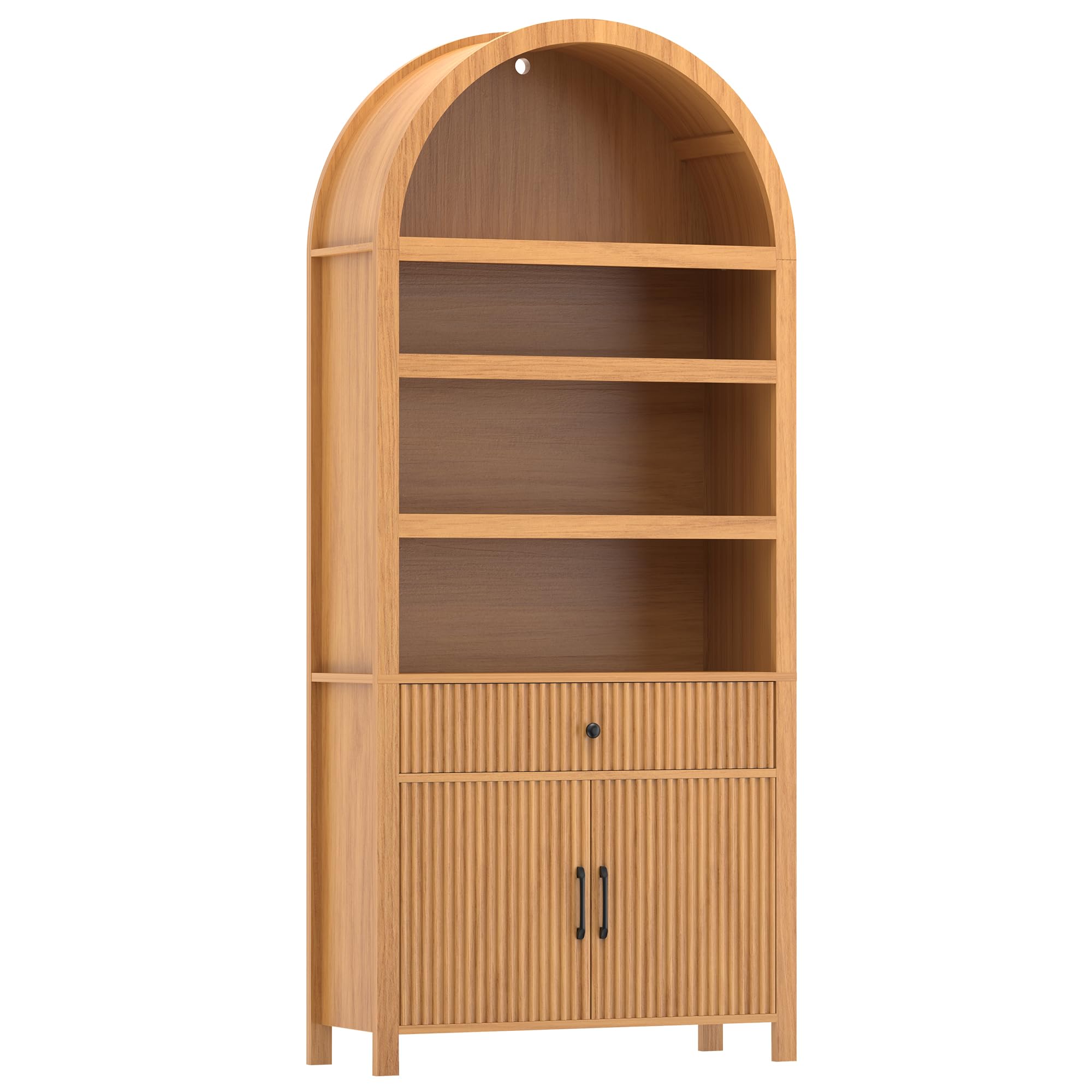 Book Shelf 70" Tall Bookcase with Drawer, 7-Tier Arched Cabinet with Storage and Fluted Door, Mid-Century Modern Modular Arch Bookshelf for Office Living Room Bedroom Library (Oak, 3)