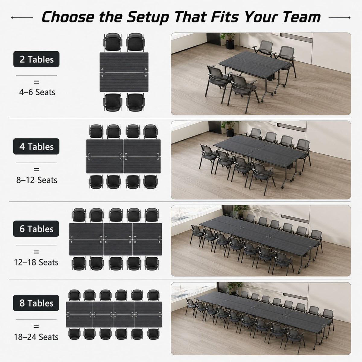 Folding Conference Table, Wheels, Flip-Top, 55.1in, 4 Pack, Morandi Blue