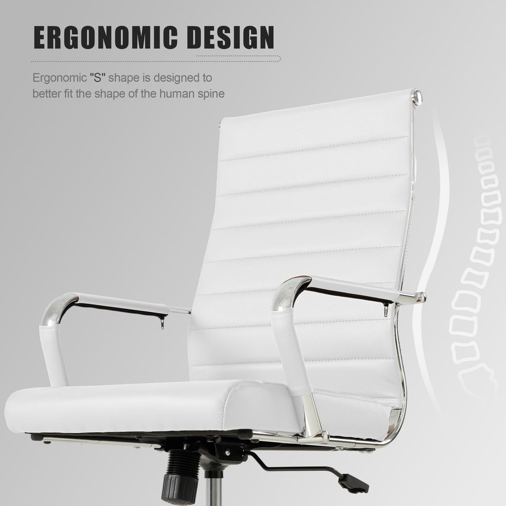 White Office Desk Chair, Ergonomic Leather Modern Conference Room Chairs, Executive Ribbed Height Adjustable Swivel Rolling Chair for Home Office.
