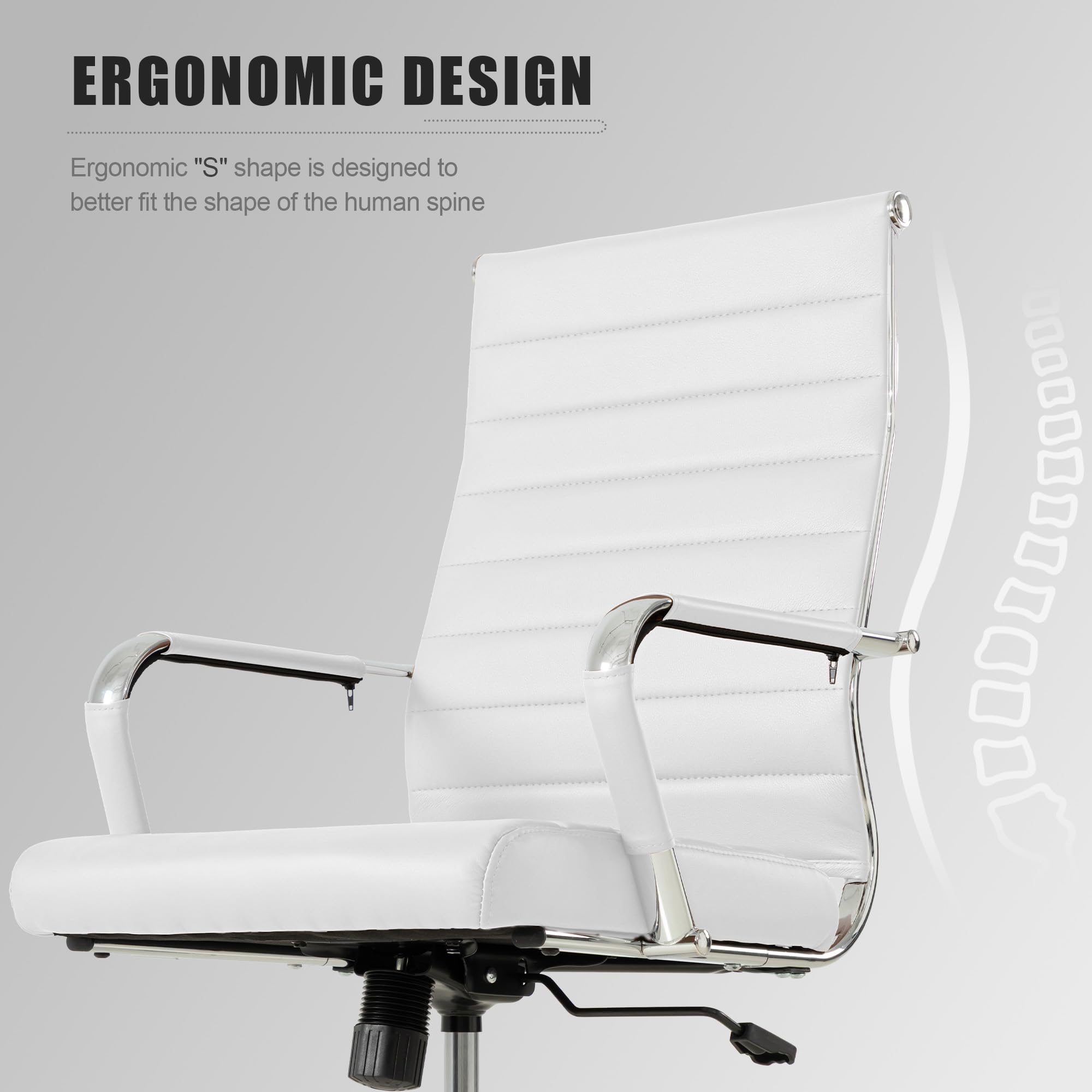 White Office Desk Chair, Ergonomic Leather Modern Conference Room Chairs, Executive Ribbed Height Adjustable Swivel Rolling Chair for Home Office.