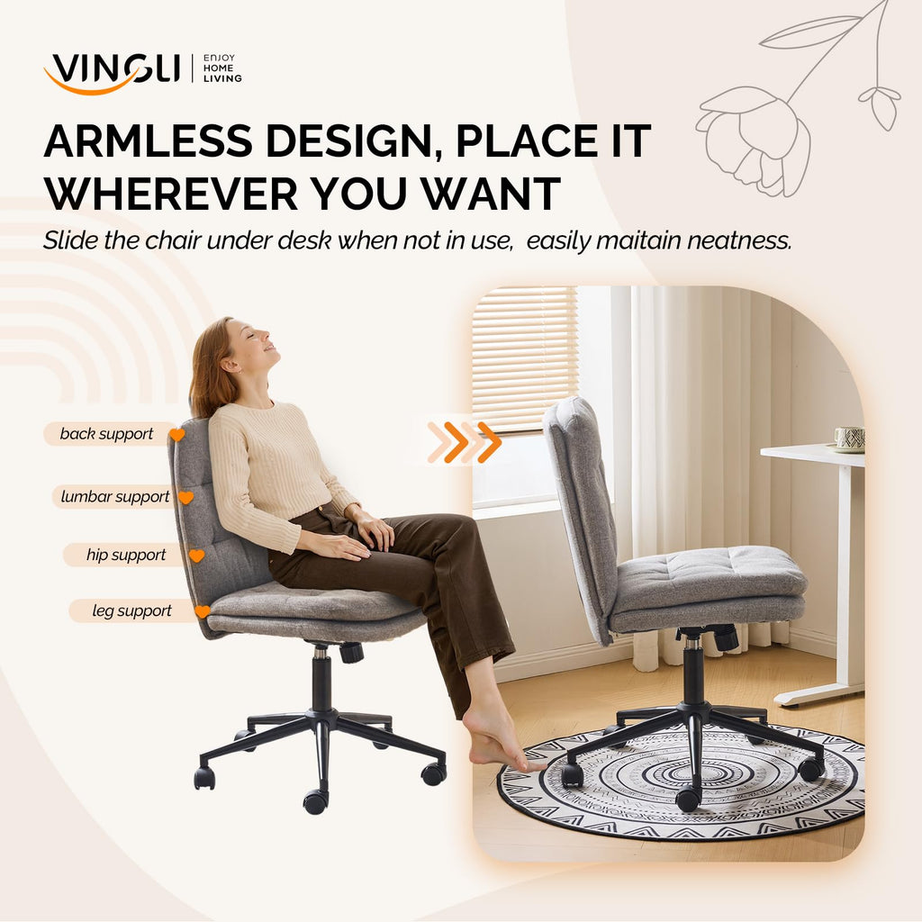 Mid Back Armless Office Desk Chair with Wheels/no Wheels,360°Rocking Swivel Vanity Chair with Thickened Cushion,Adjustable Height Rolling for Reading Room, Make up, Linen Dark Grey