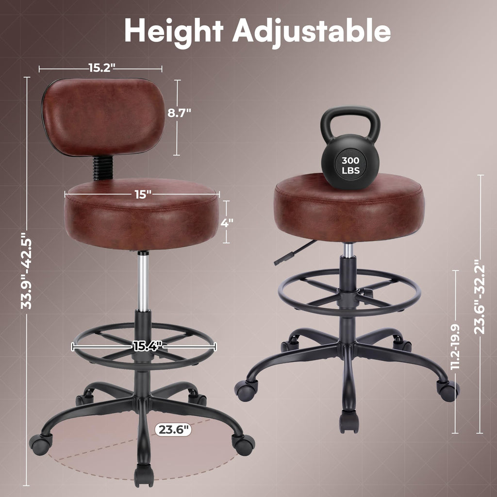 Drafting Chair with Back, Adjustable Foot Rest Rolling Stool, Multi-Purpose Office Desk Chair, Thick Seat Cushion for Home Bar Kitchen Shop - Rustic Brown