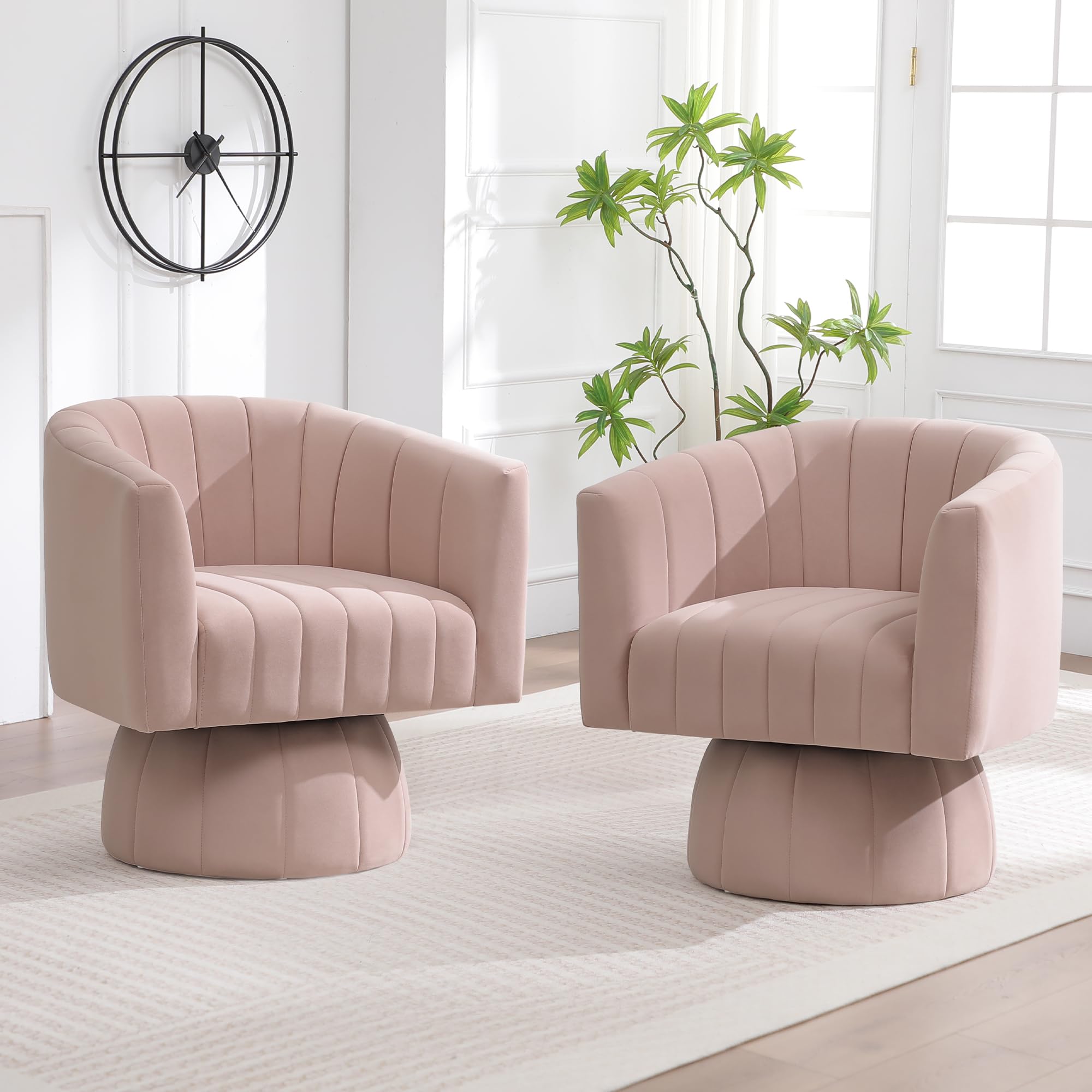 Swivel Accent Barrel Chair Set of 2, Cute Comfy Small Round 360° Arm Chair, Velvet Sofa Club Reading Chair for Office Living Room Bedroom Pink