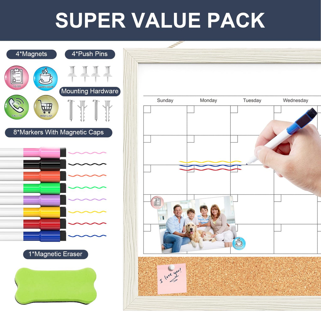 Calendar Whiteboard for Wall, 17x13 Inches Whiteboard Calendar Cork Board Combo, Small Magnetic White Board with Wood Framed, Hanging Dry Erase Board for Kitchen Home Office School Planner