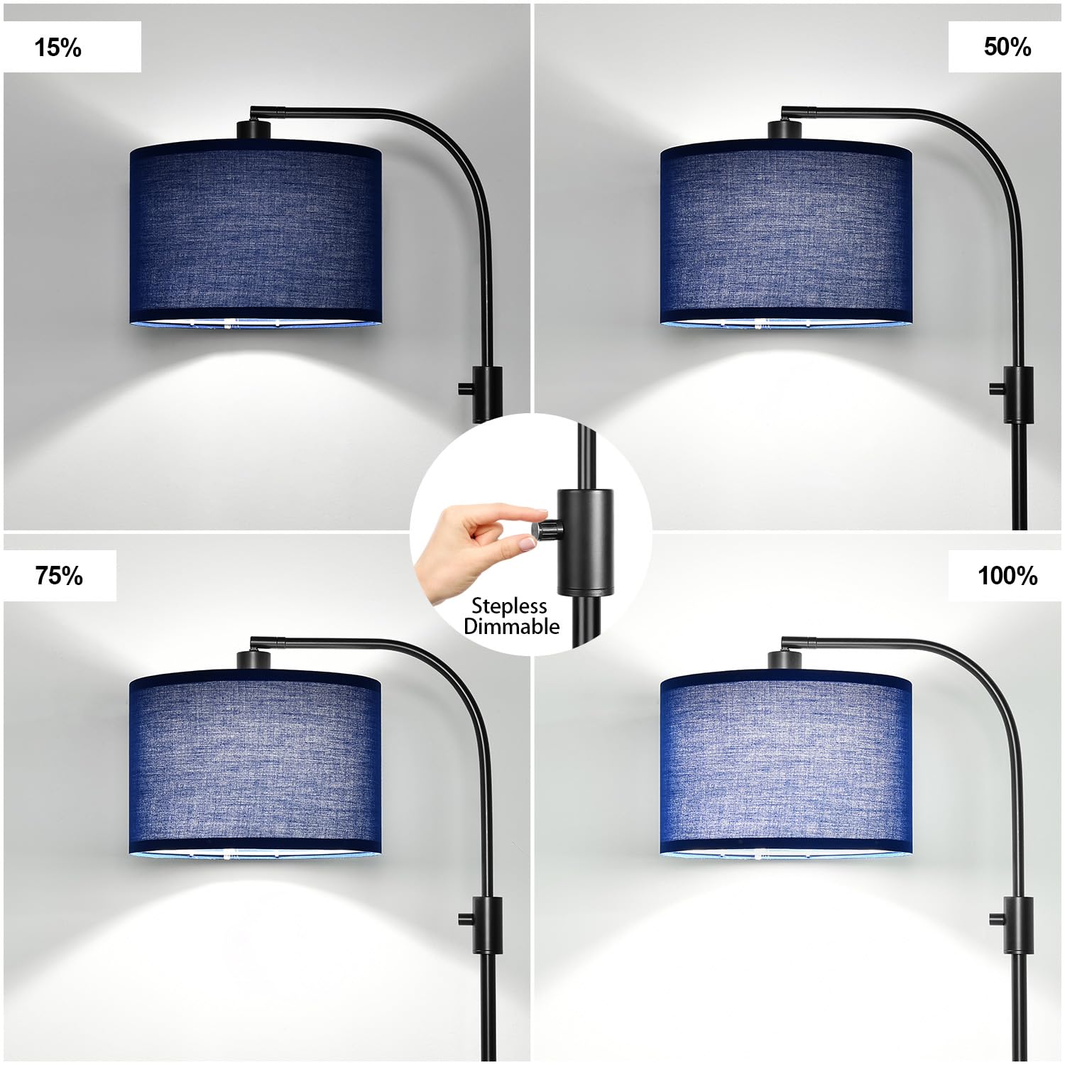 Upgraded Modern Arc Dimmable Tall Standing Floor Lamp with Blue Shade, 1200 Lumens LED Bulb Included, for Living & Reading Room, Bedroom, Office & Nursery, Black