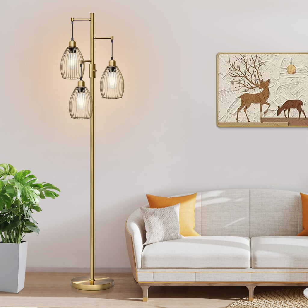 Floor Lamp, 3 x 800LM LED Edison Bulbs Included, Farmhouse Industrial Floor Lamp Standing Tree Lamp with Elegant Teardrop Cage Tall Lamps for Living Room Bedroom Office Dining Room-Brass
