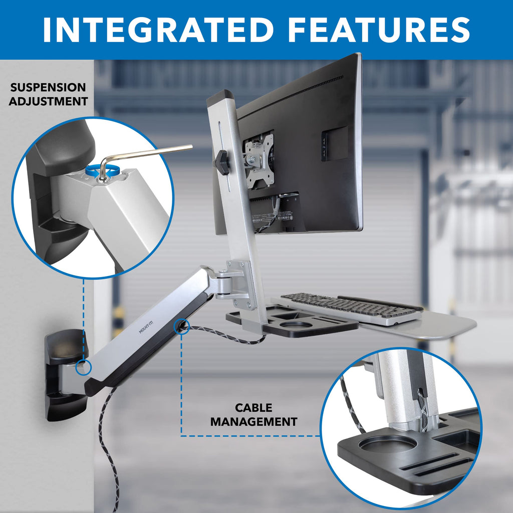 Wall Mounted Sit-Stand Single Monitor Workstation with Gas Spring Arm, Keyboard Tray & CPU Holder, 19.9” Height Adjustment, 41” Extension, VESA 75x75 100x100