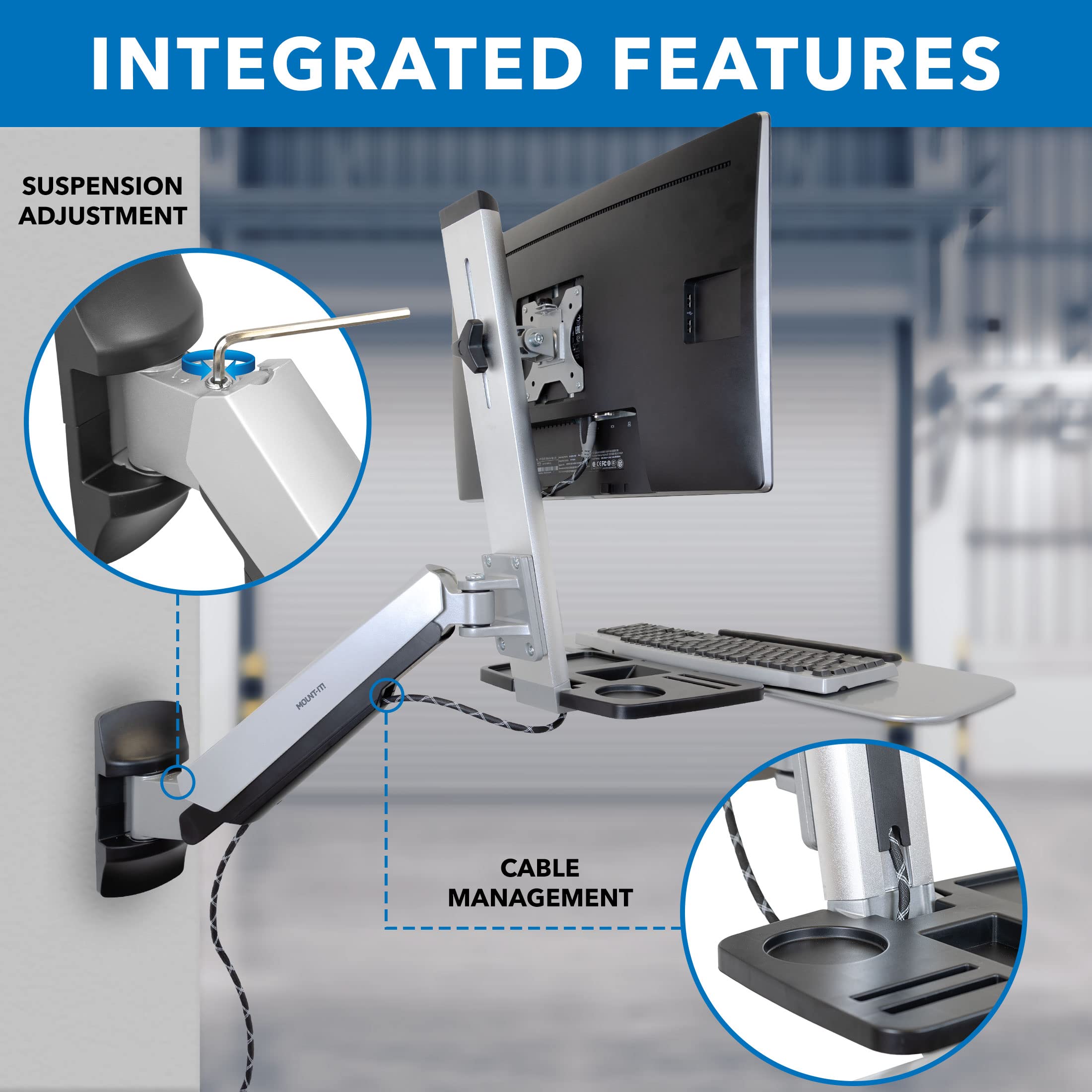 Wall Mounted Sit-Stand Single Monitor Workstation with Gas Spring Arm, Keyboard Tray & CPU Holder, 19.9” Height Adjustment, 41” Extension, VESA 75x75 100x100