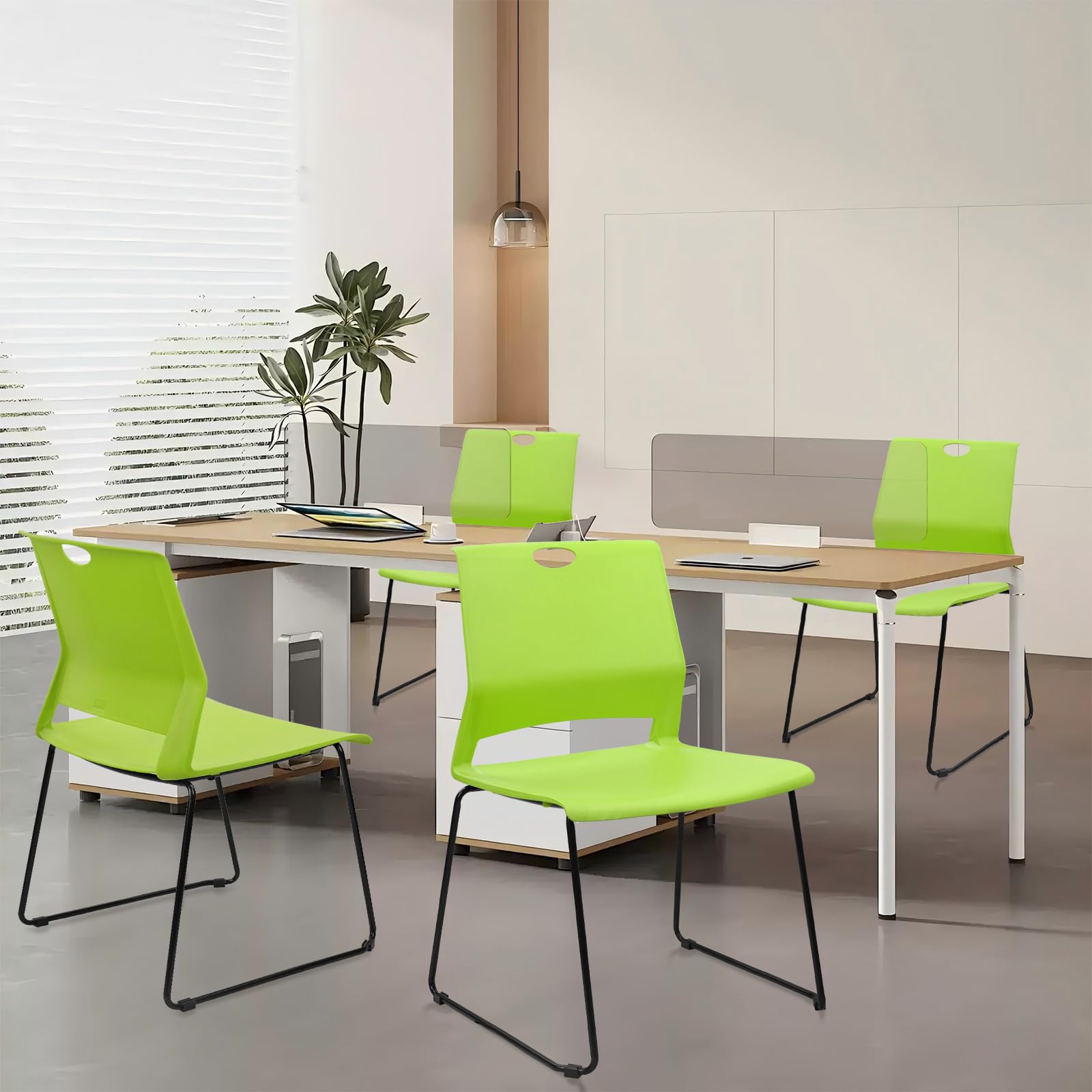 Set of 4, Stackable Guest Reception Chairs, Stacking Office Chair with Ergonomic Lumbar Support & Metal Legs, Plastic Desk Chairs for Conference School Church Waiting Meeting Break Room, Green