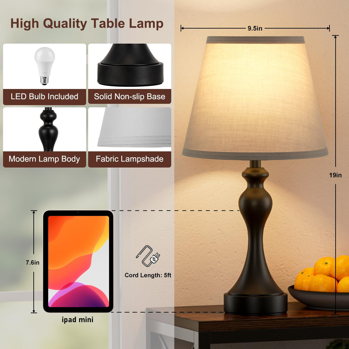 Touch Lamps for Nightstand, 3 Way Dimmable Bedside Lamps with USB C+A Ports