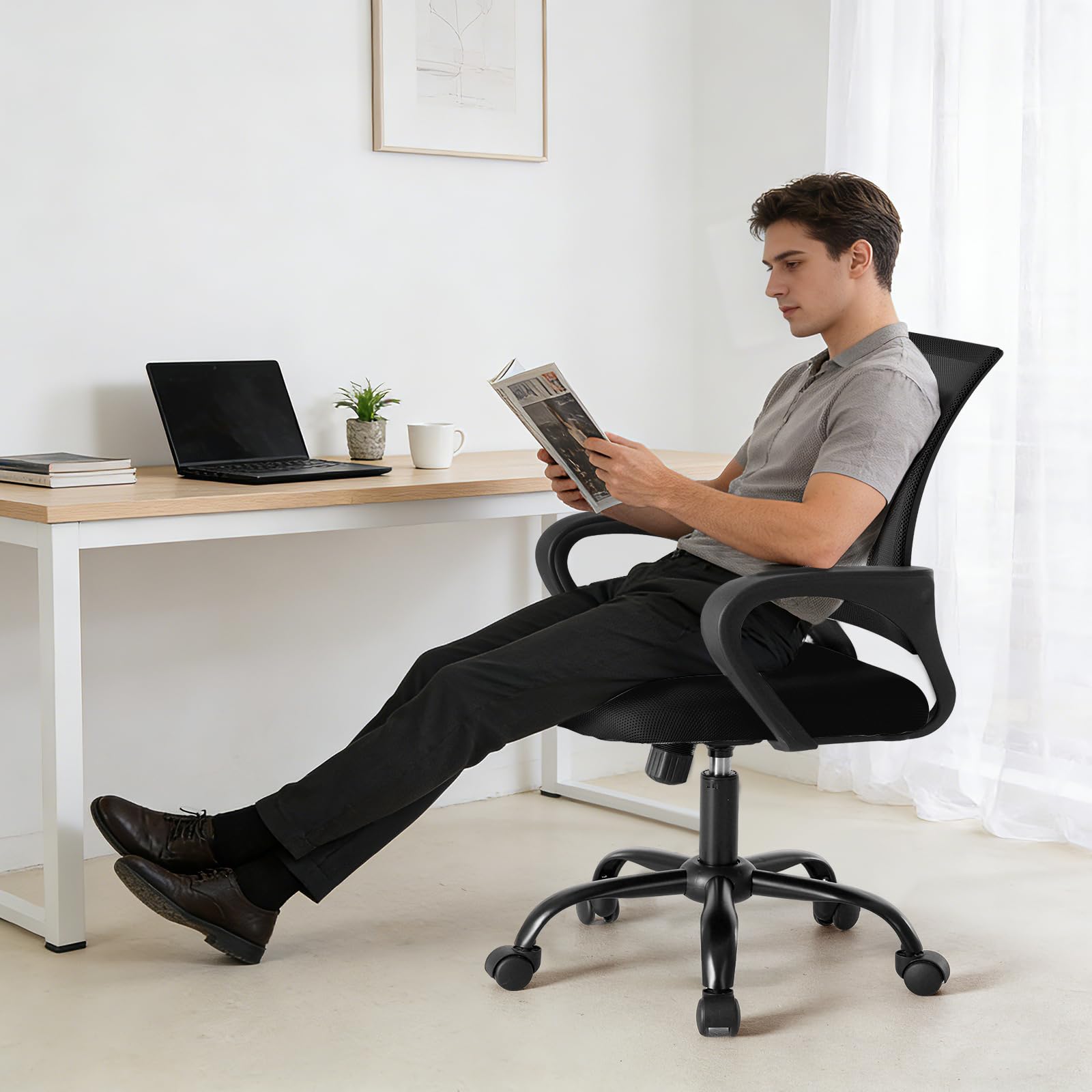 2 Pack, Office Desk Chair - Ergonomic Mid Back with Lumbar Support & Rocking Mode, Height Adjustable with Fixed Armrest, for Home, Computer, Gaming, Conference, Meeting, 360° Swivel, Black