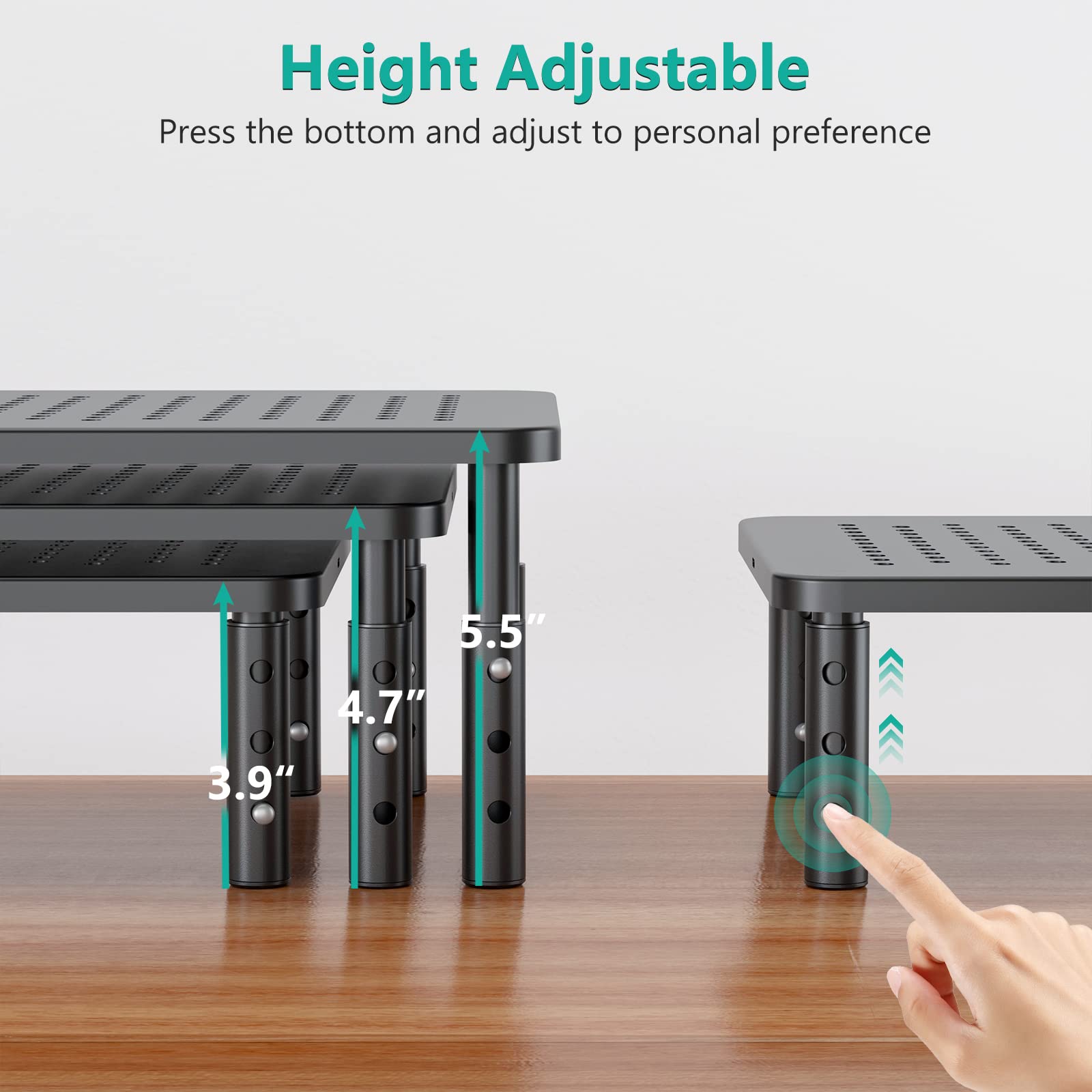 2 Pack, Dual Monitor Stand for Desk, Desk Monitor Riser 3 Height Adjustable, Laptop Riser with Airflow Vents, Desk Organizer for Computer, Laptop, Printer, Notebook (STT003-2), Black