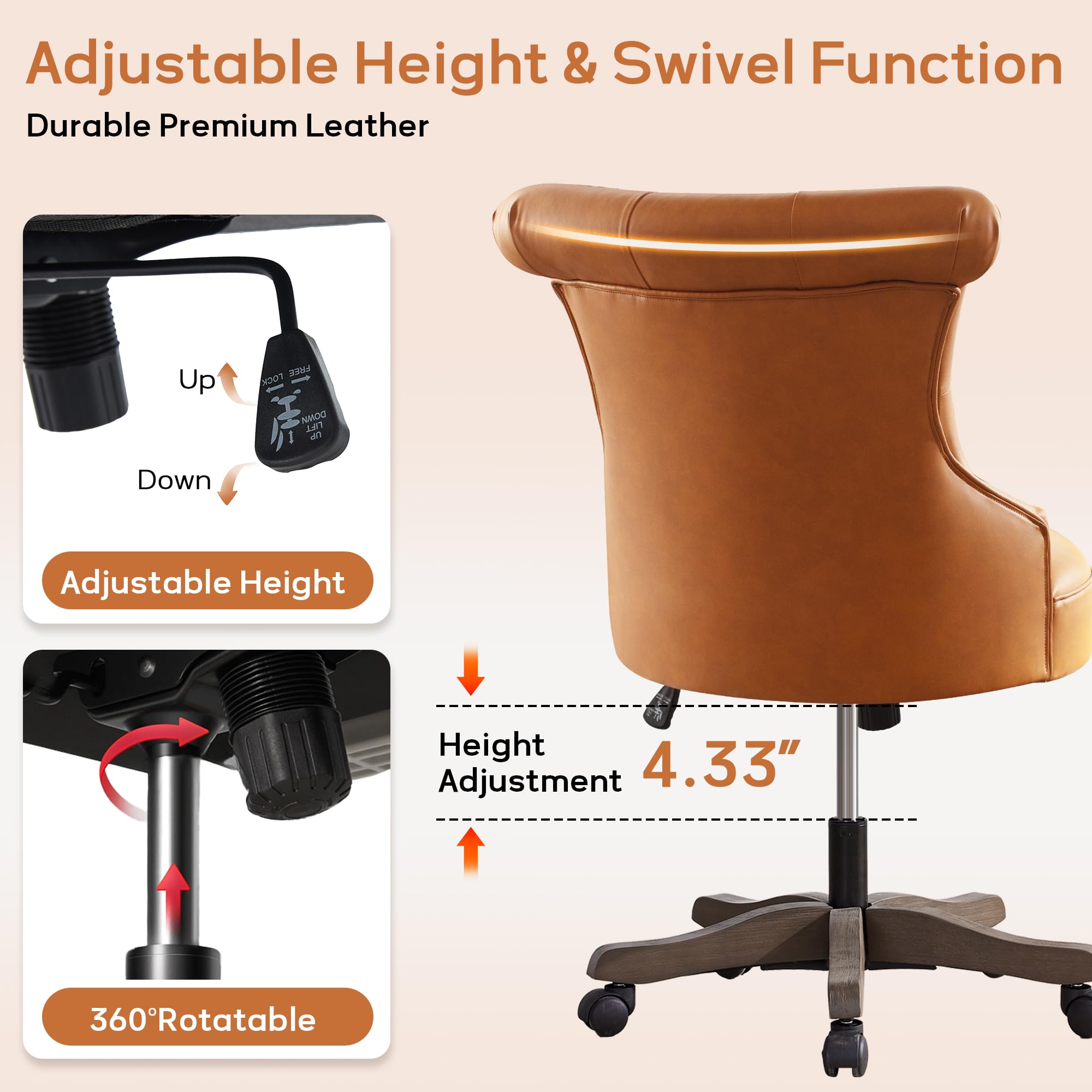Home Office Chair Upholstered Faux Leather PU Armless Desk Chair with Wheels Adjustable Height Computer Desk Chair with Wooden Legs Comfy Swivel Chair for Study Studio (Caramel Brown)