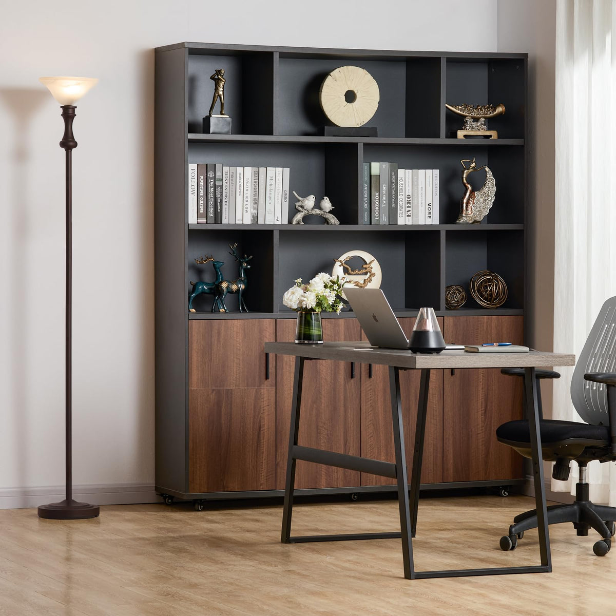 Torchiere Brown Floor Lamp for Living Room with Glass Shade-71IN