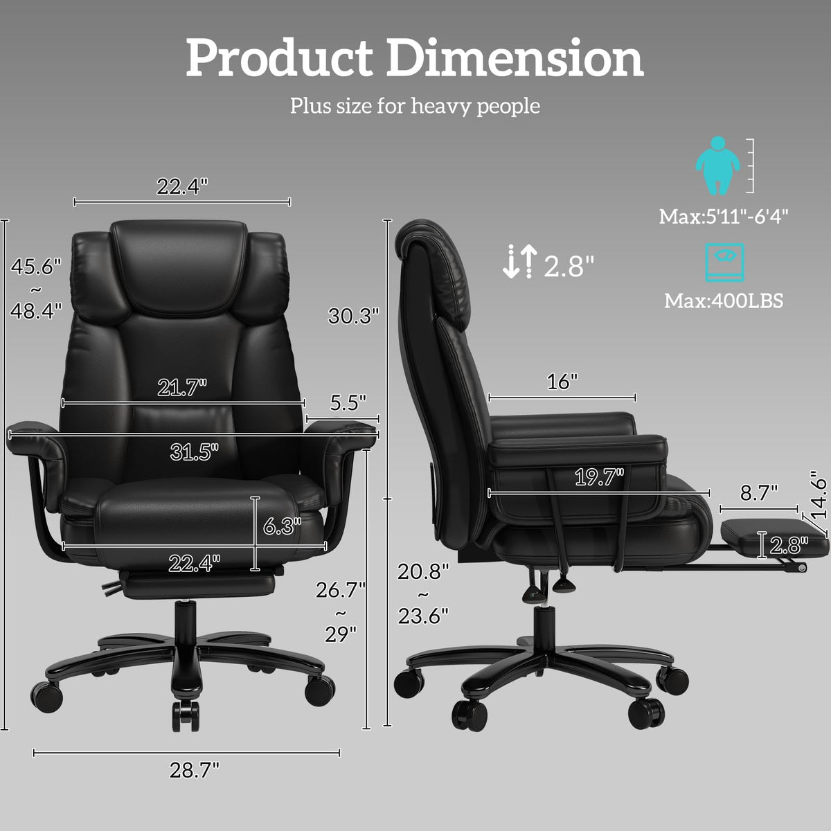 160 Reclining Office Chair with Footrest, Big & Tall Desk Chair, Black