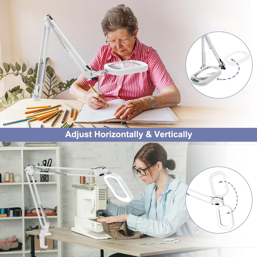 14.35" Large Magnifying Glass with Light and Clamp, Real Glass, 5 Color Modes, Stepless Dimmable, Lighted Magnifier with Stand Hands Free, LED Swing Arm Desk Lamp for Close Work, Craft, White