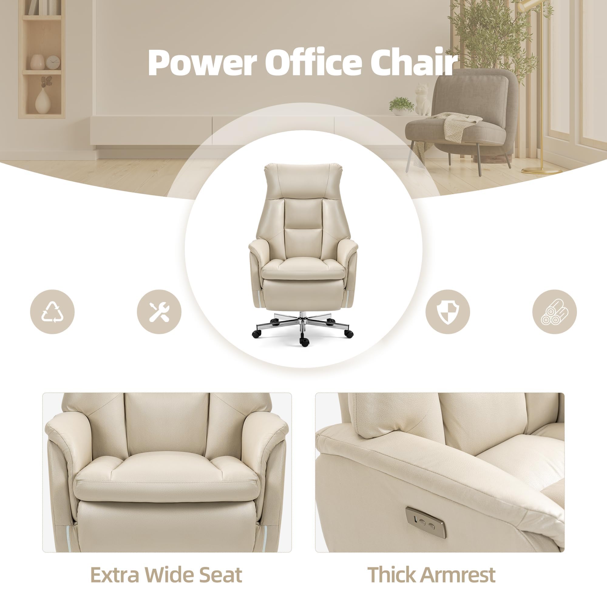 Electric Office Chair with USB Charging, Recliner Executive Office Chair with Footrest, Big and Tall High-Back Desk Chair, 400LBS Weight Capacity, Microfiber, Beige