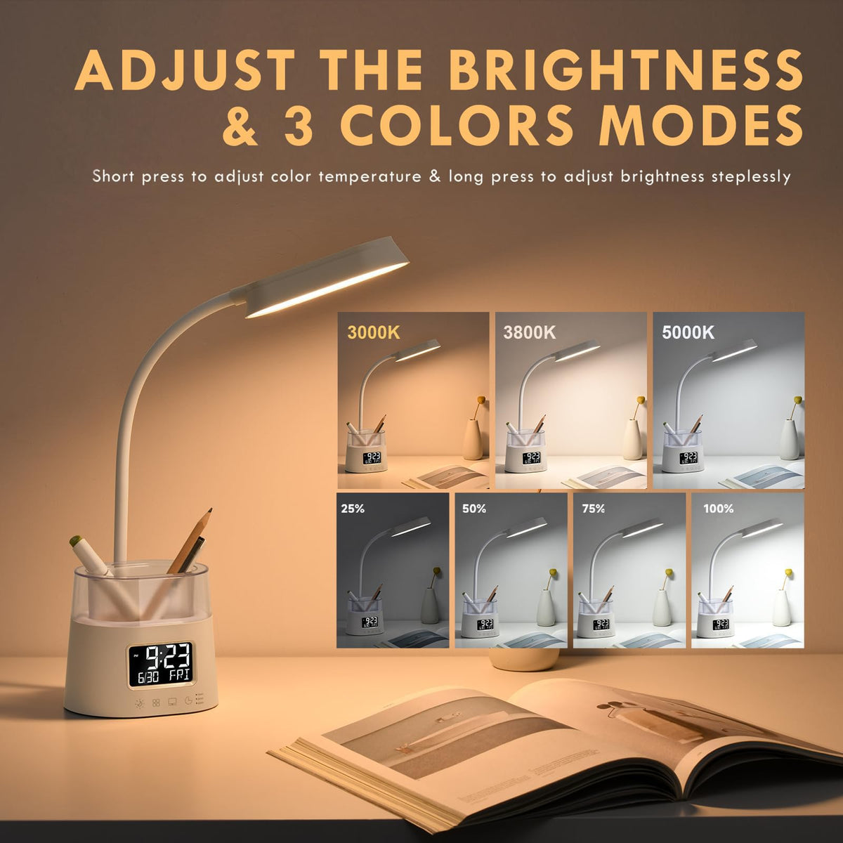 Led Desk Lamp with Pen Holder, Touch Lamps for Nightstand with 3 Color Modes, Eye-Caring Bedside Reading Light with Clock, Office Lamps Stepless Dimming, Lamp for Dorm Room, Suitable for Kid/Girl/Boy