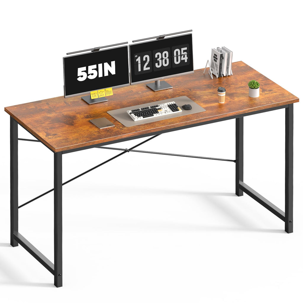 55 Inch Computer Office Desk Writing Gaming Study Work Large Desks for Bedroom Home Office with Metal Frame Simple Modern PC Table Workstation, Wood Brown