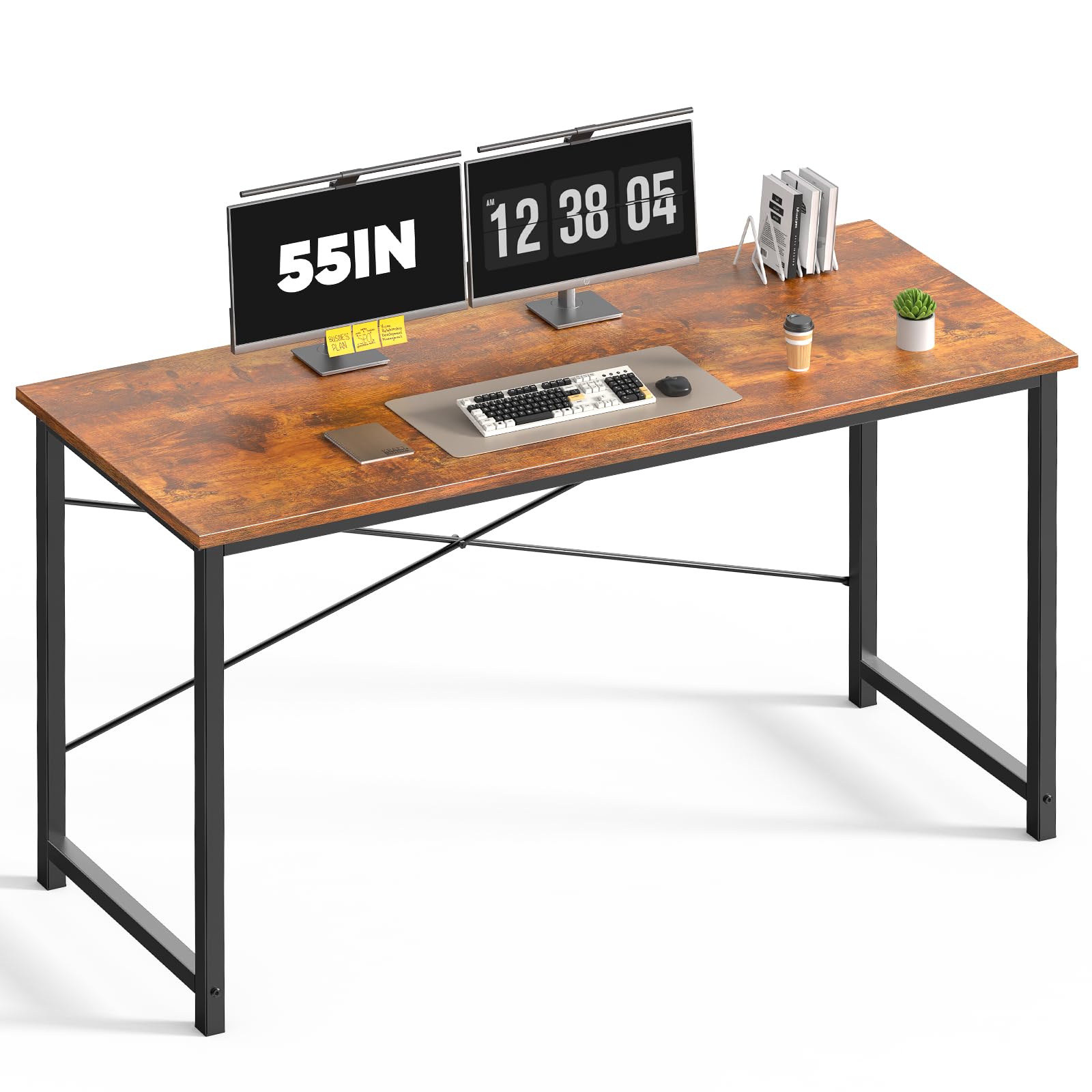 55 Inch Computer Office Desk Writing Gaming Study Work Large Desks for Bedroom Home Office with Metal Frame Simple Modern PC Table Workstation, Wood Brown