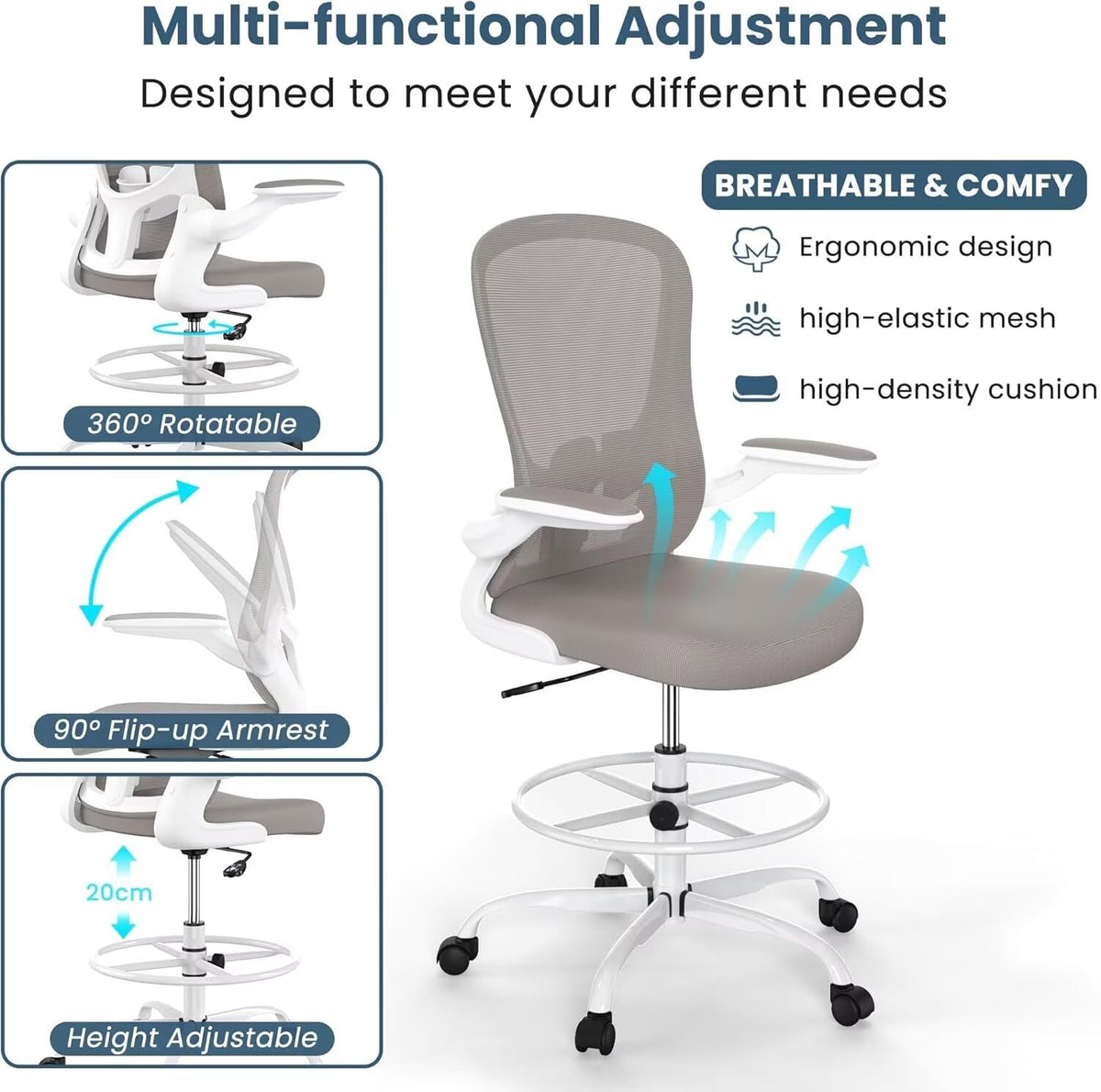 Drafting Chair Tall Office Standing Executive Ergonomic Computer Chair with Flip-Up Armrests, Adjustable Footrest Ring, Lumbar Support, Adjustable Swivel Desk Chair for Home Office (Light Grey)