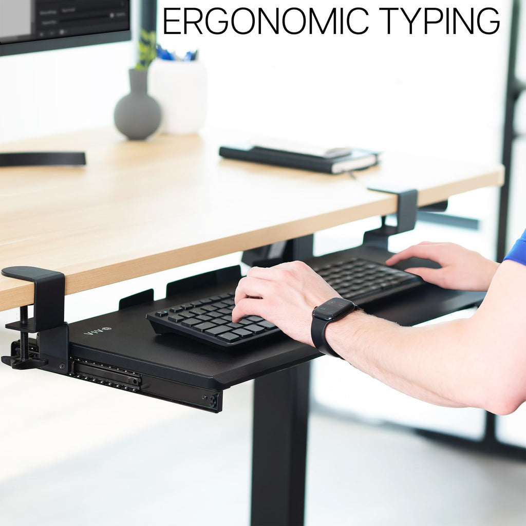Large Keyboard Tray Under Desk Pull Out with Extra Sturdy C Clamp Mount System, 27 (33 Including Clamps) x 11 Inch Slide-Out Platform Computer Drawer for Typing, Black