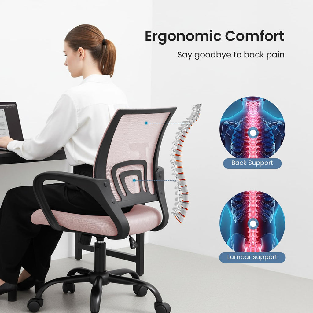 2 Pack, Office Desk Chair - Ergonomic Mid Back with Lumbar Support & Rocking Mode, Height Adjustable with Fixed Armrest, for Home, Computer, Gaming, Conference, Meeting Room, 360° Swivel, Pink