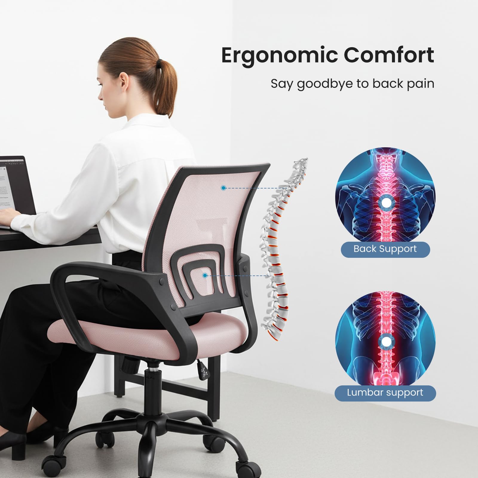2 Pack, Office Desk Chair - Ergonomic Mid Back with Lumbar Support & Rocking Mode, Height Adjustable with Fixed Armrest, for Home, Computer, Gaming, Conference, Meeting Room, 360° Swivel, Pink
