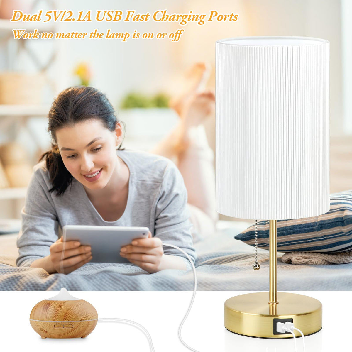 2 Sets Table Lamps with 2 USB, Minimalist Beside Lamps for Bedroom, Nightstand Lamp with Pull Chain, Desk Lamps with White Pleated Shade and Gold Metal Base for Living Room Dorm Reading Hotel