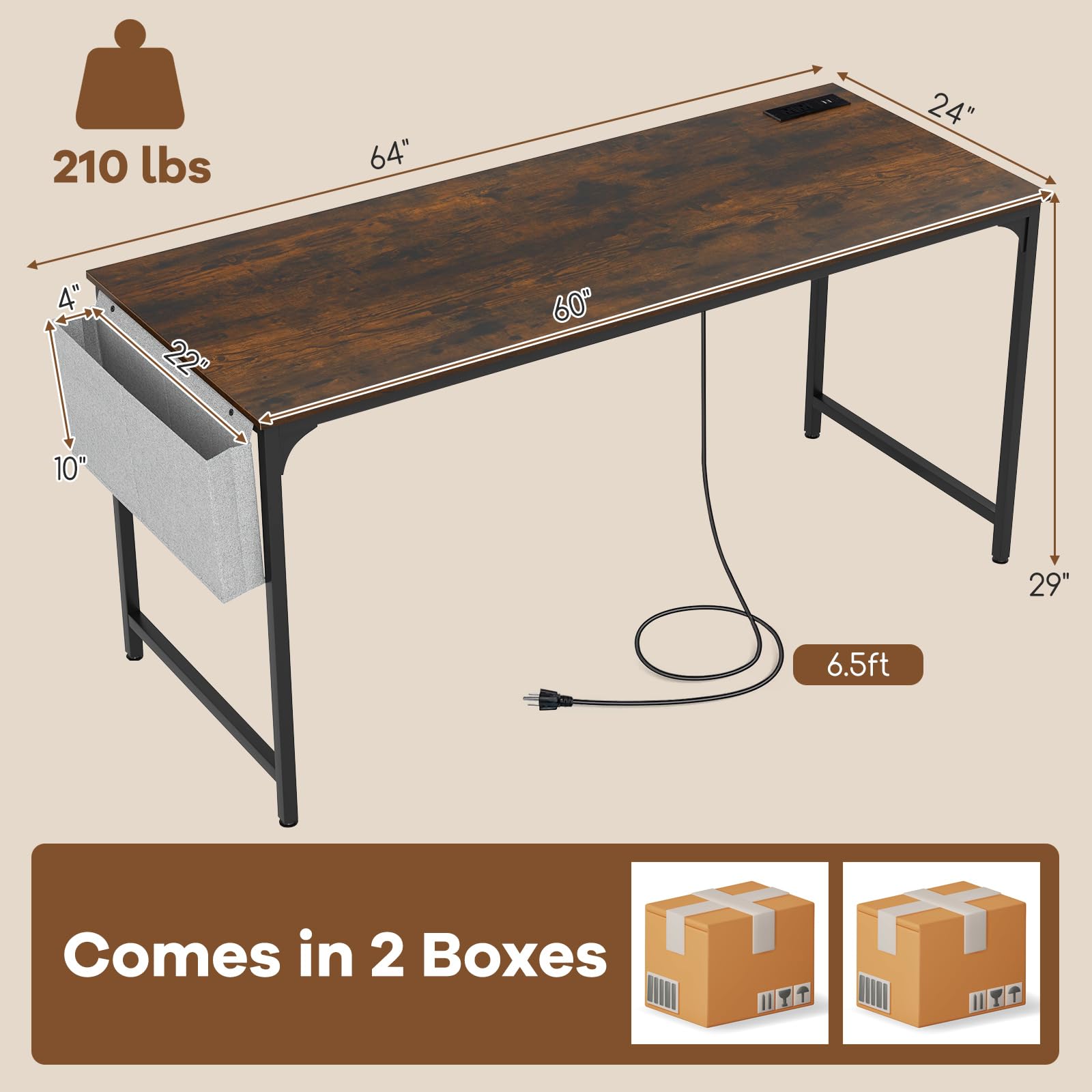 60" Conference Desk Set of 2, Modern Boardroom Desk with Storage Bag, Headphone Hook, Sturdy Metal Frame, Rectangular Seminar Table with Charging Station