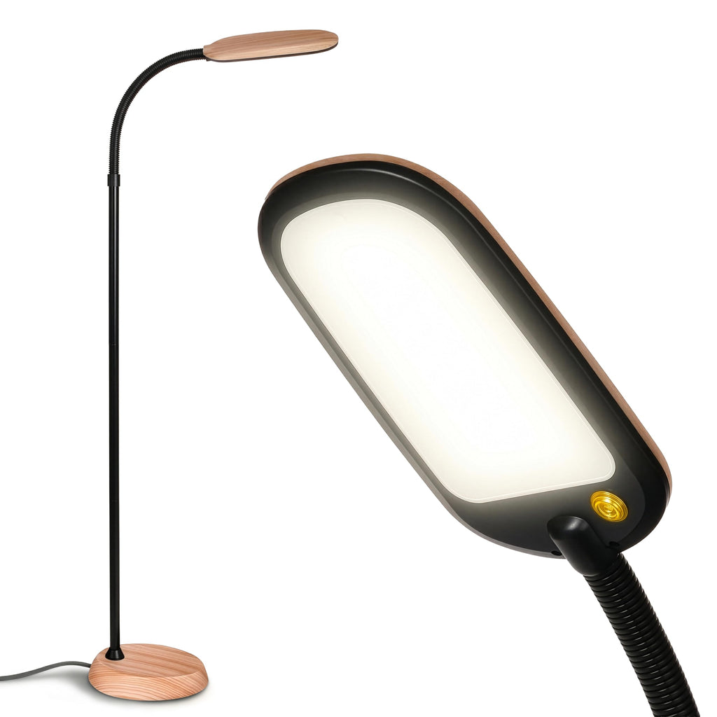 Litespan Slim LED Floor Lamp - Modern Reading Light Over Chair for Living Rooms & Offices, Tall With Adjustable Gooseneck, Crafts Work Light, Dimmable Standing for Bedroom - Wood