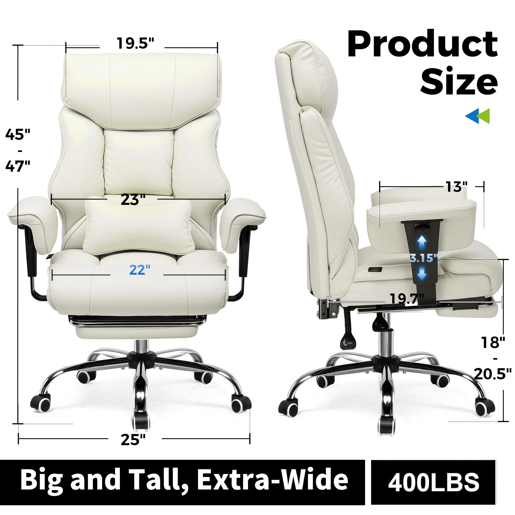Big and Tall Gaming Chair 400lbs Heavy Duty Office Chair with Foot Rest & Ergonomic Pocket Spring Cushion, High Back Lumbar Support for Lower Back Pain Relief, Beige
