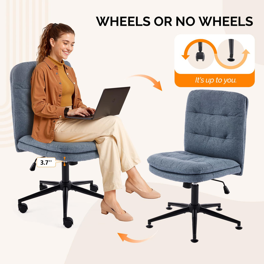 Mid Back Armless Office Desk Chair with Wheels/no Wheels,360°Rocking Swivel Vanity Chair with Thickened Cushion,Adjustable Height Rolling for Reading Room, Make up, Linen Navy Blue