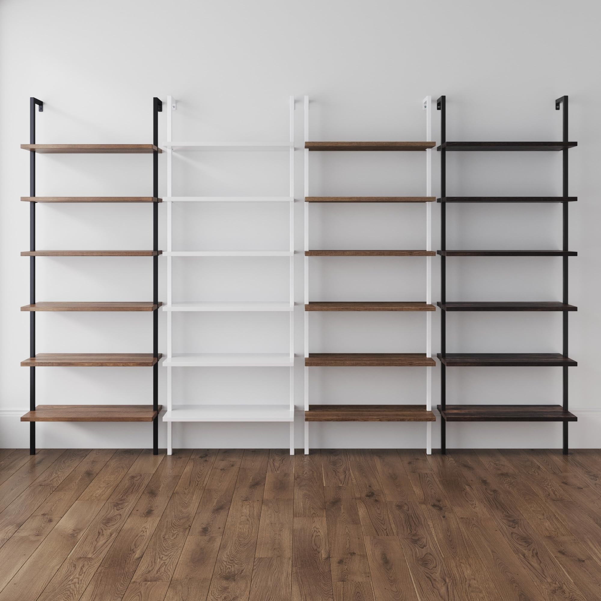 Set of 3, 6-Shelf Tall Bookcase, Wall Mount Bookshelf Wood Shelves and Metal Frame, Matte Black