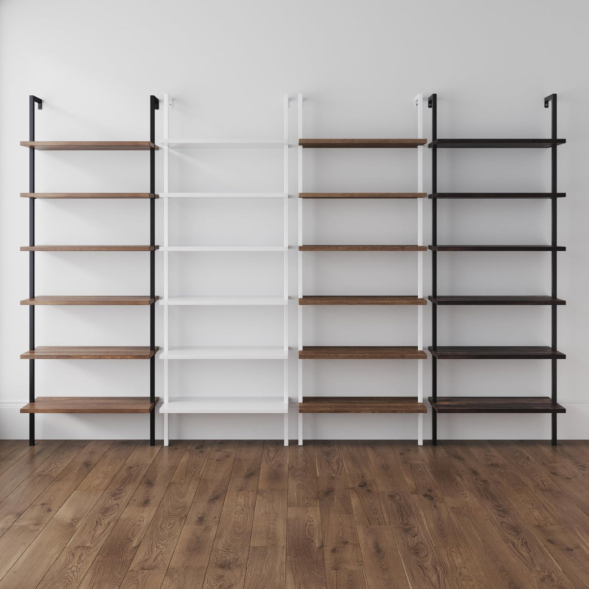 Set of 4, 6-Shelf Tall Bookcase, Wall Mount Bookshelf with Natural Wood Finish and Industrial Metal Frame, Nutmeg/Matte Black
