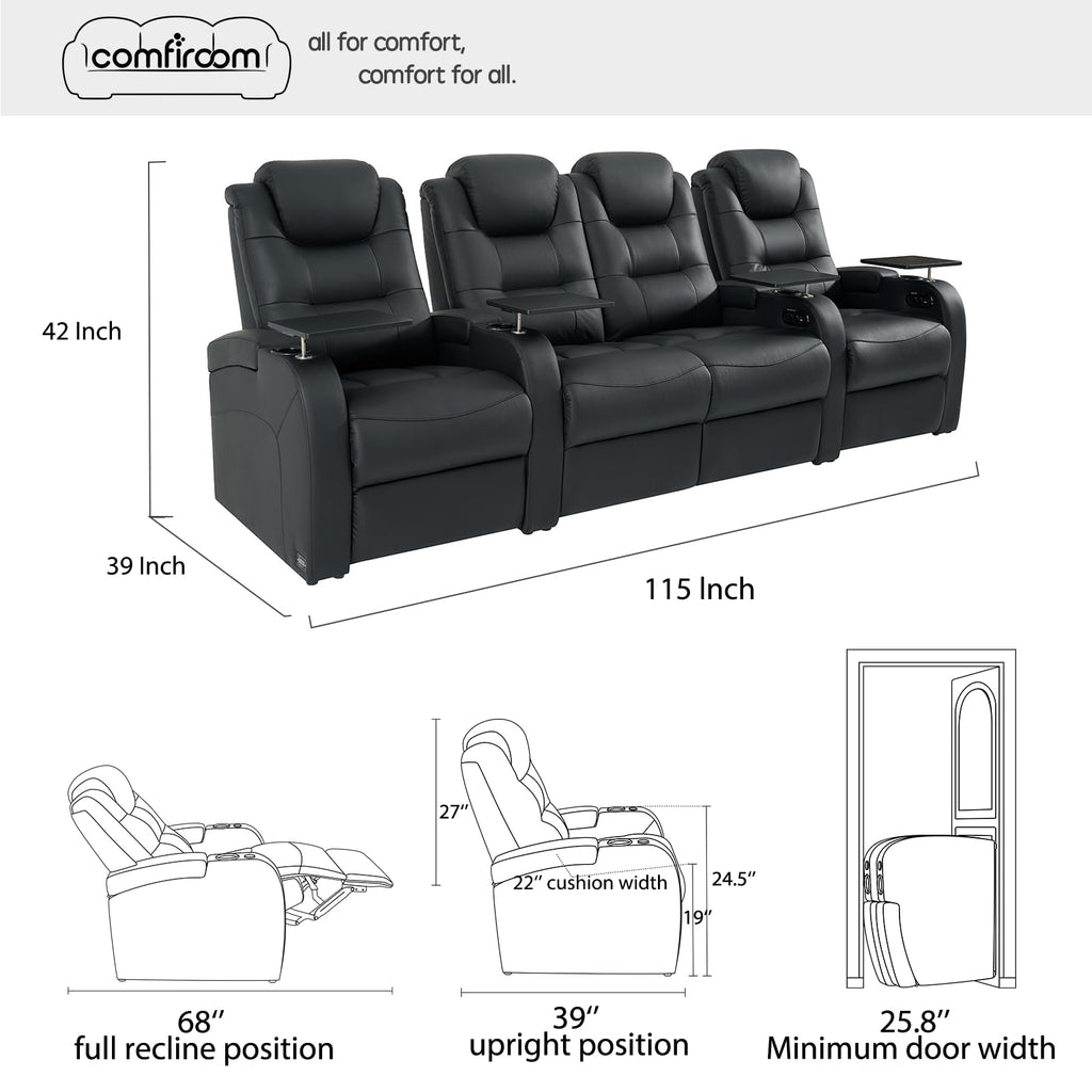 Leather Home Theater Seating, Simple Style Dual Power Electric Headrest Game Seats Movie Theater Chairs Recliner Sofa with Type-C USB Charger (Black, Row of 4 Loveseat Middle)