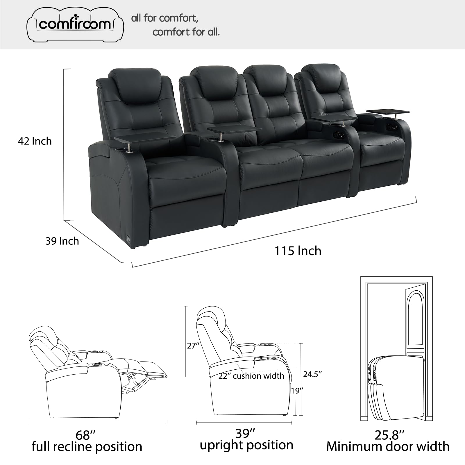 Leather Home Theater Seating, Simple Style Dual Power Electric Headrest Game Seats Movie Theater Chairs Recliner Sofa with Type-C USB Charger (Black, Row of 4 Loveseat Middle)