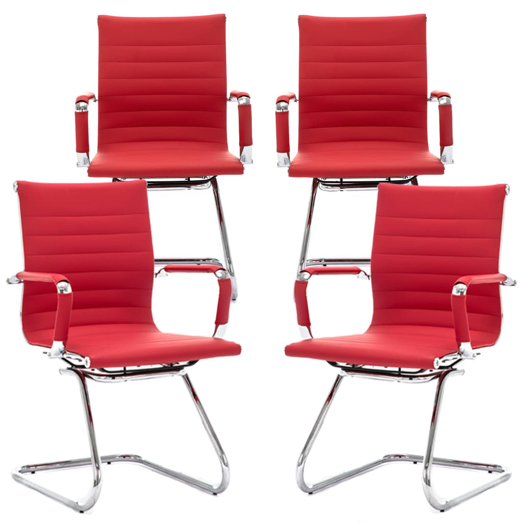 Office Desk Chair Set of 4,No Wheels PU Leather Computer Chairs Mid Back Guest Chairs with Seld Base for School/Reception/Conference/Waiting Room, Burgundy Red
