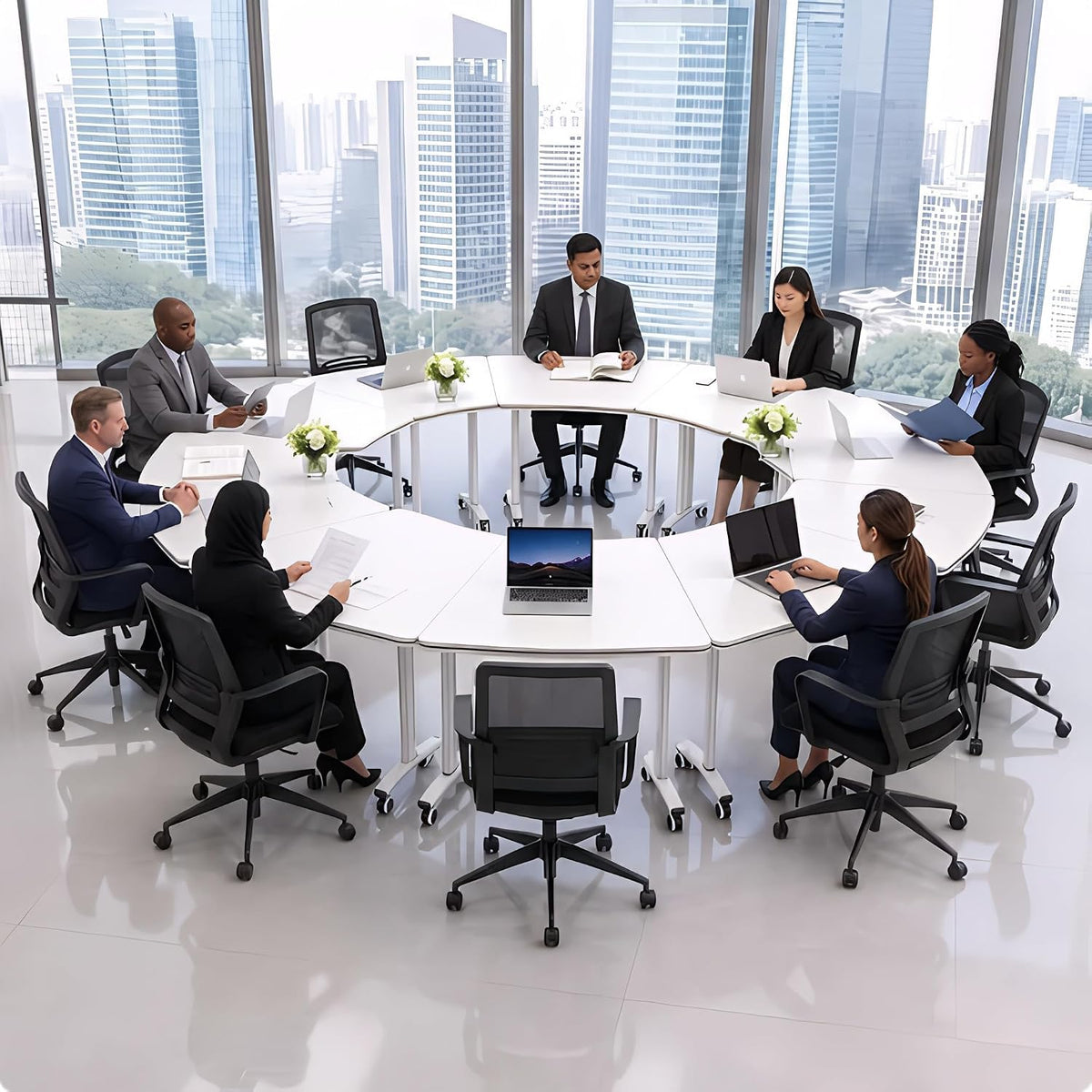 Folding Round Conference Table with Wheels, Flip Top Training Desk, 360° Lockable Casters, Stackable Nesting Mobile Seminar Table for Office Classroom,White,40in,8