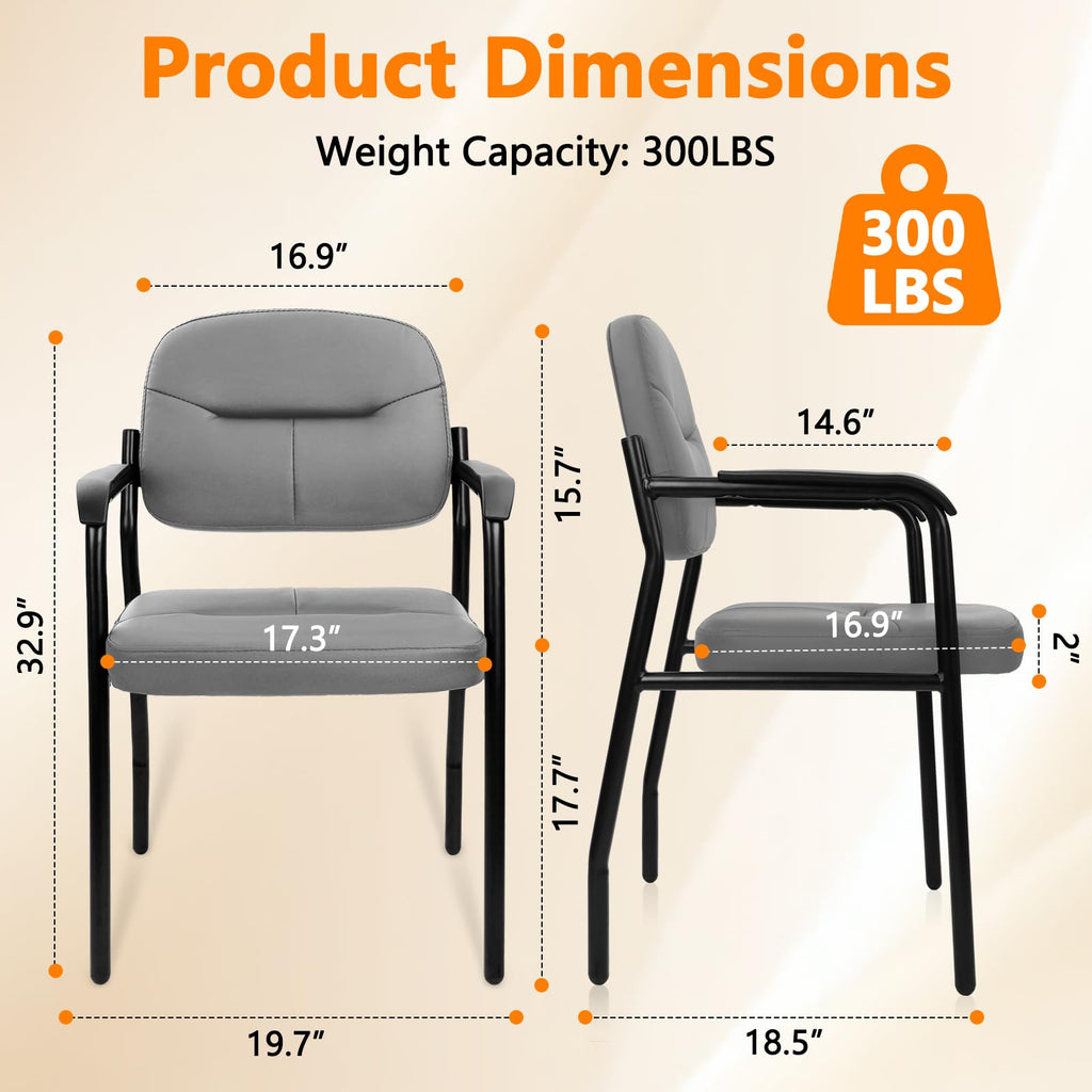 Leather Guest Chair Sets of 6, Office Reception Chair No Wheels with Armrests and Lumber Support, Ergonomic Desk Armchair for Meeting Waiting Conference Lobby Room, Grey
