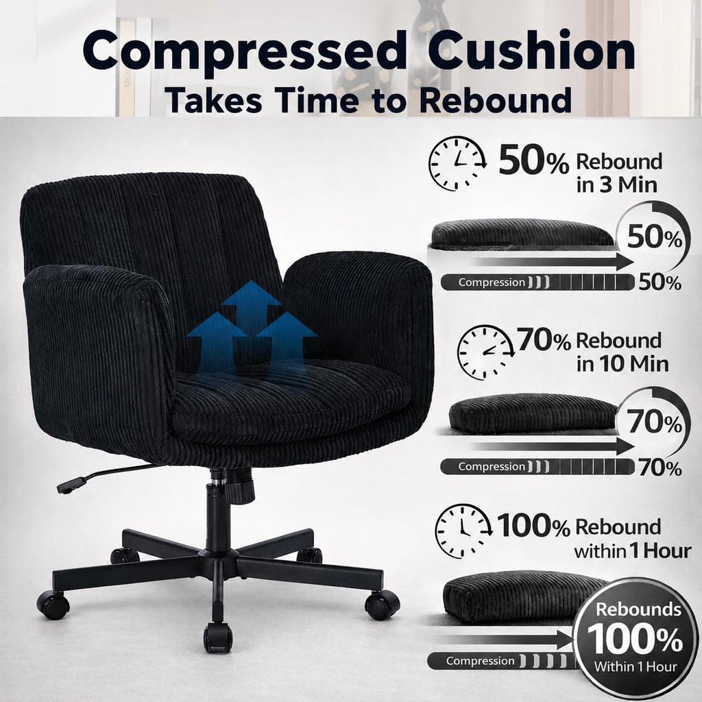 Criss Cross Office Chair with Wheels and Arms, Vanity Chair with Back, Comfy Swivel Cross Legged Office Chairs for Ultimate Comfort and Support, Unique Multifunctional Stylish Arms (Corduroy Black)