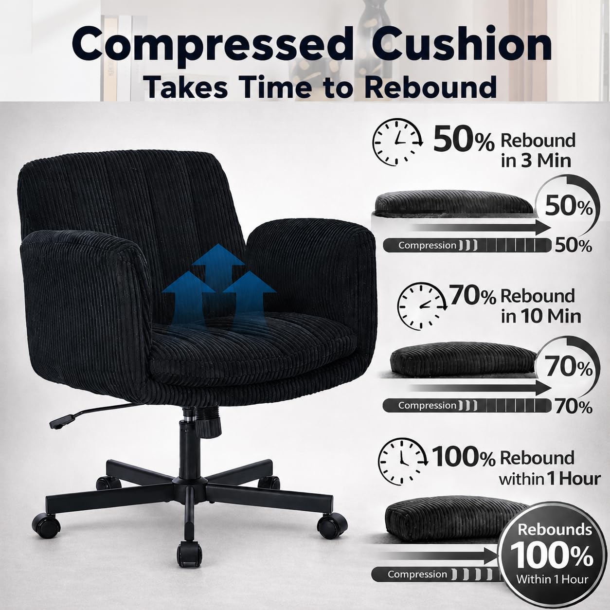 Criss Cross Office Chair with Wheels and Arms, Vanity Chair with Back, Comfy Swivel Cross Legged Office Chairs for Ultimate Comfort and Support, Unique Multifunctional Stylish Arms (Corduroy Black)
