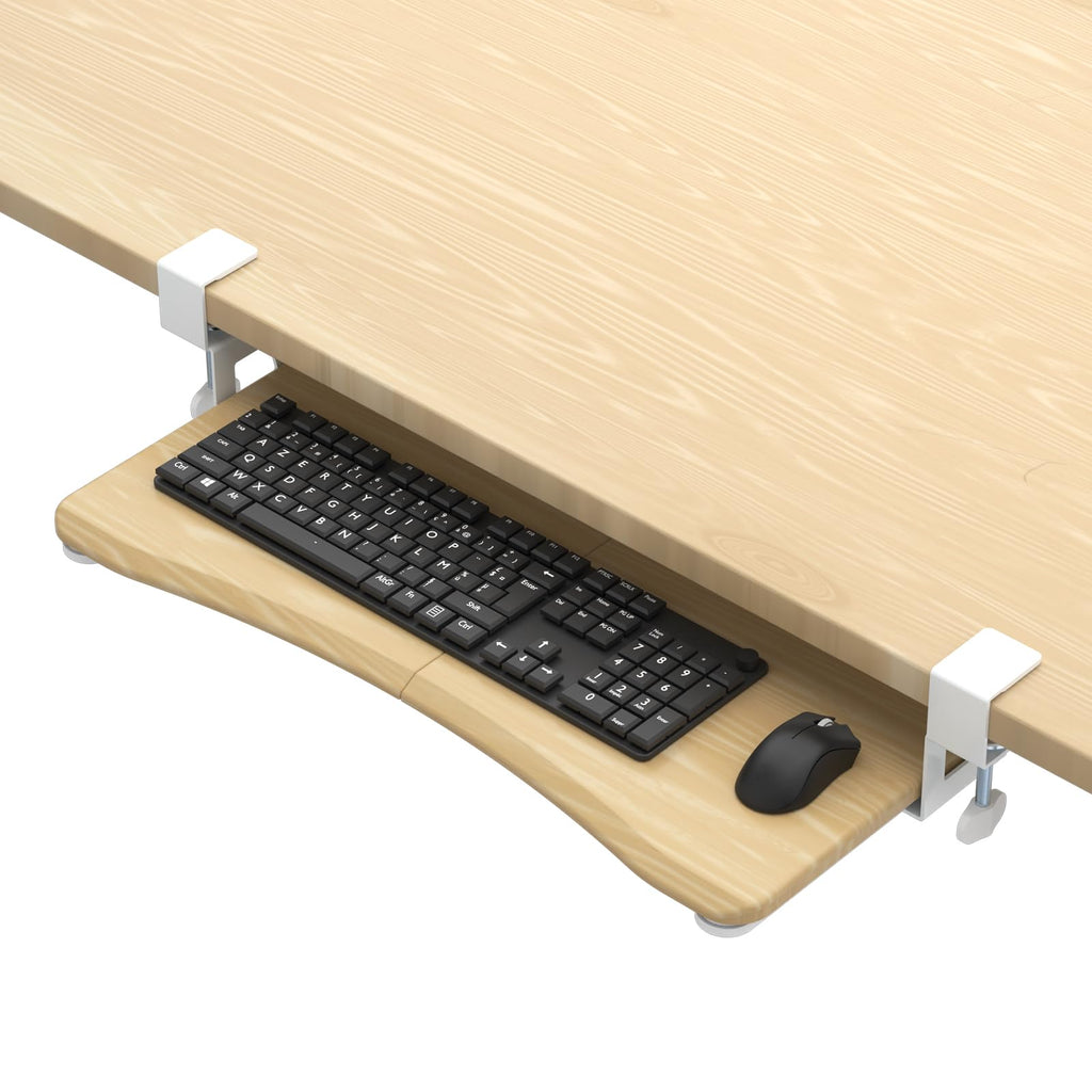 Keyboard Tray Under Desk Pull Out with C Clamp Mount, Computer Keyboard & Mouse Tray, 25.6 (30 Including Clamps) x 11.8 inch Slide-Out Platform Computer Drawer for Typing, Light Wood,