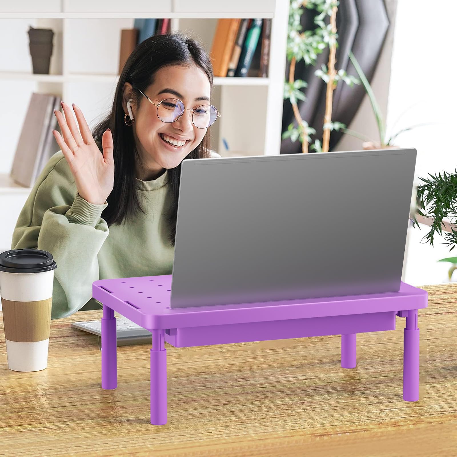 Computer Monitor Stand with Storage, Desk Monitor Riser 3 Height Adjustable, Laptop Riser with Airflow Vents, Desk Organizer for Computer, Laptop, Printer (PTT002-V), 1 Pack, Violet