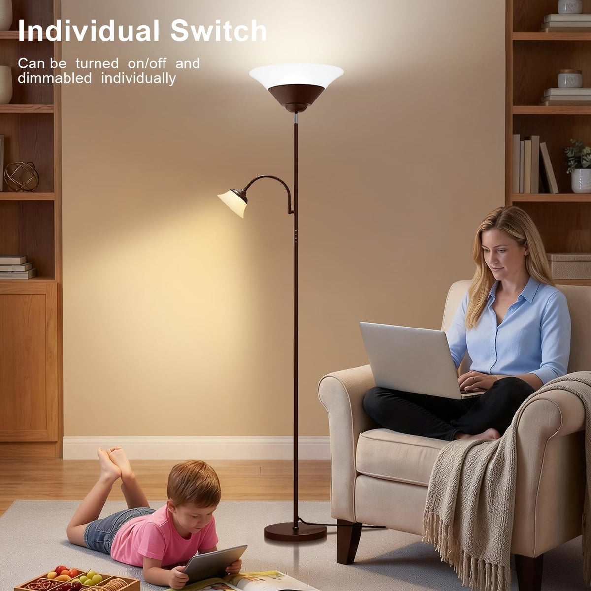 2-in-1 Torchiere Floor Lamp, 34W Super Bright LED Standing Lamp with Remote & Touch Control, 72" Dimmable Adjustable Corner Reading Lamp for Living Room, Bedroom, Office, Brown