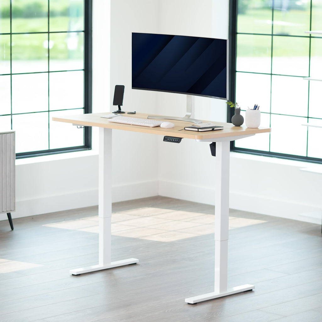 Electric 55 x 28 in Standing Desk, Memory Height Adjustment, 1B Series, Holds 220 lbs, One-Piece Light Wood Top, White Frame